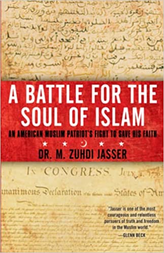 Yellow book red in the middle white letters title is "battle for the soul of Islam" Islamic Groups Destroy the West