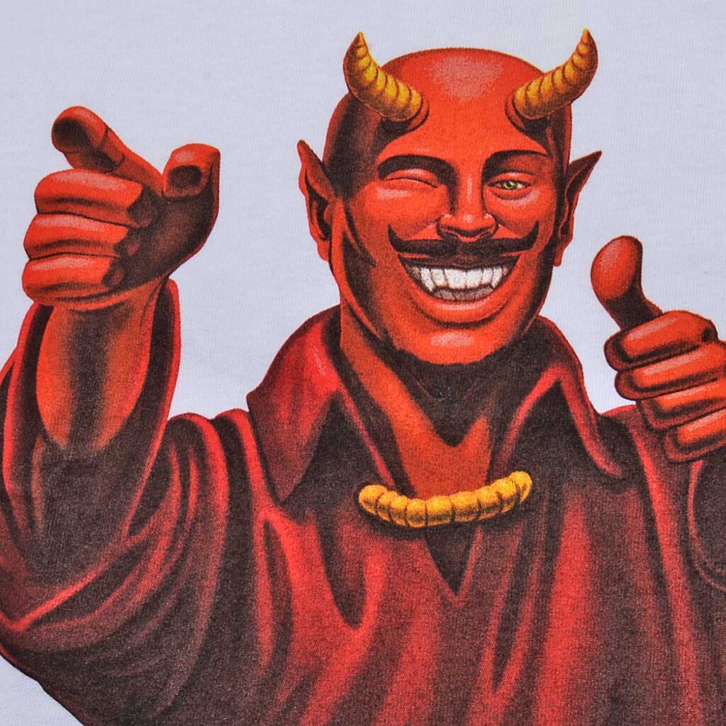 Devil red colour. two horns. big smile. giving thumbs up. smooth and cool attitude