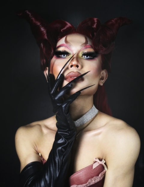 Highly attractive woman long black gloves claw fingers Dimond neck choker. Dracula's wife