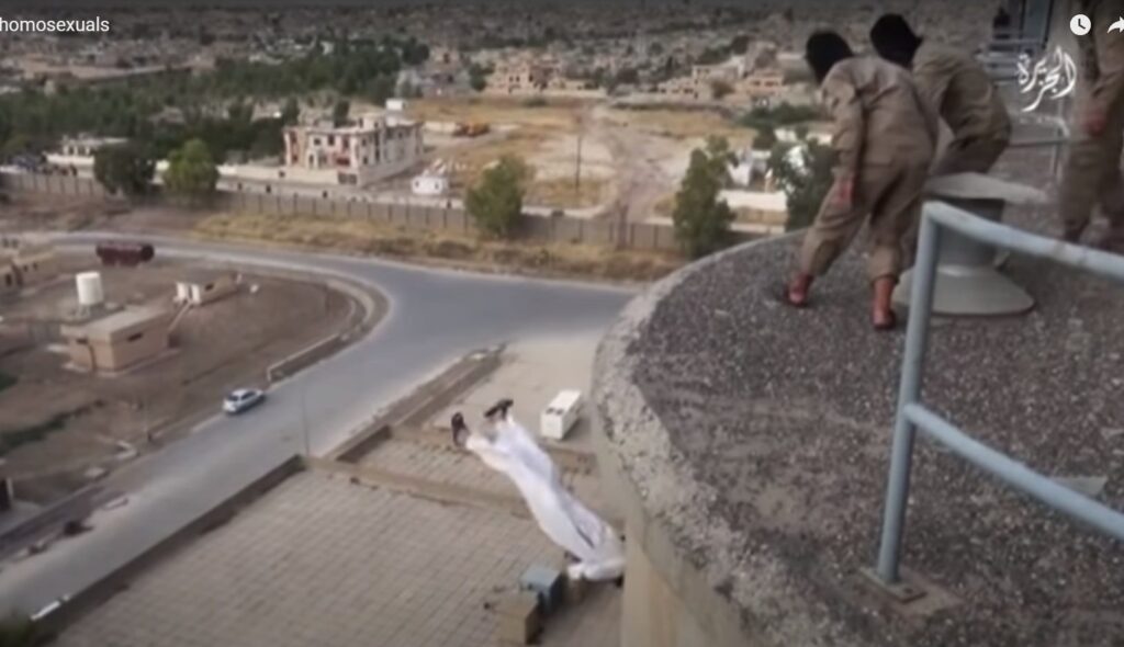 View from the ground Man dressed in white starts falling to his death from a great height