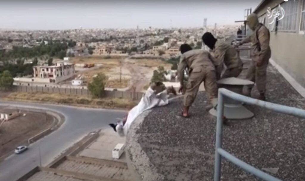 Man dressed in white starts falling to his death from a great height