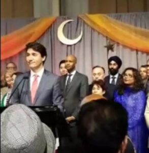 Justin Trudeau at a podium waering a shiny grey suit with a pink tie. A woman on the stage behind him wears a purple dress.